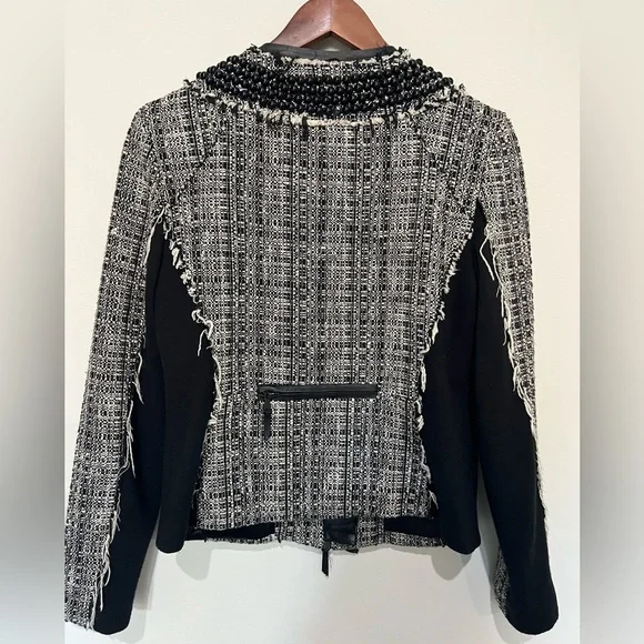 MILLY Studded Leather Trim Tweed Jacket 8 Black White​ - Picture 4 of 10